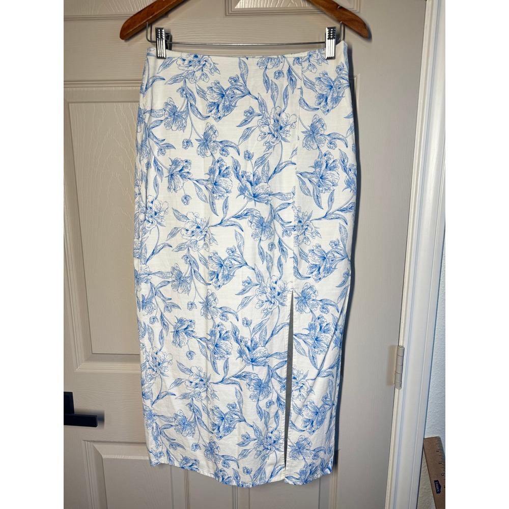 A New Day Blue White Floral Toile Midi Skirt Sz 2 High Waisted Front Slit Garden